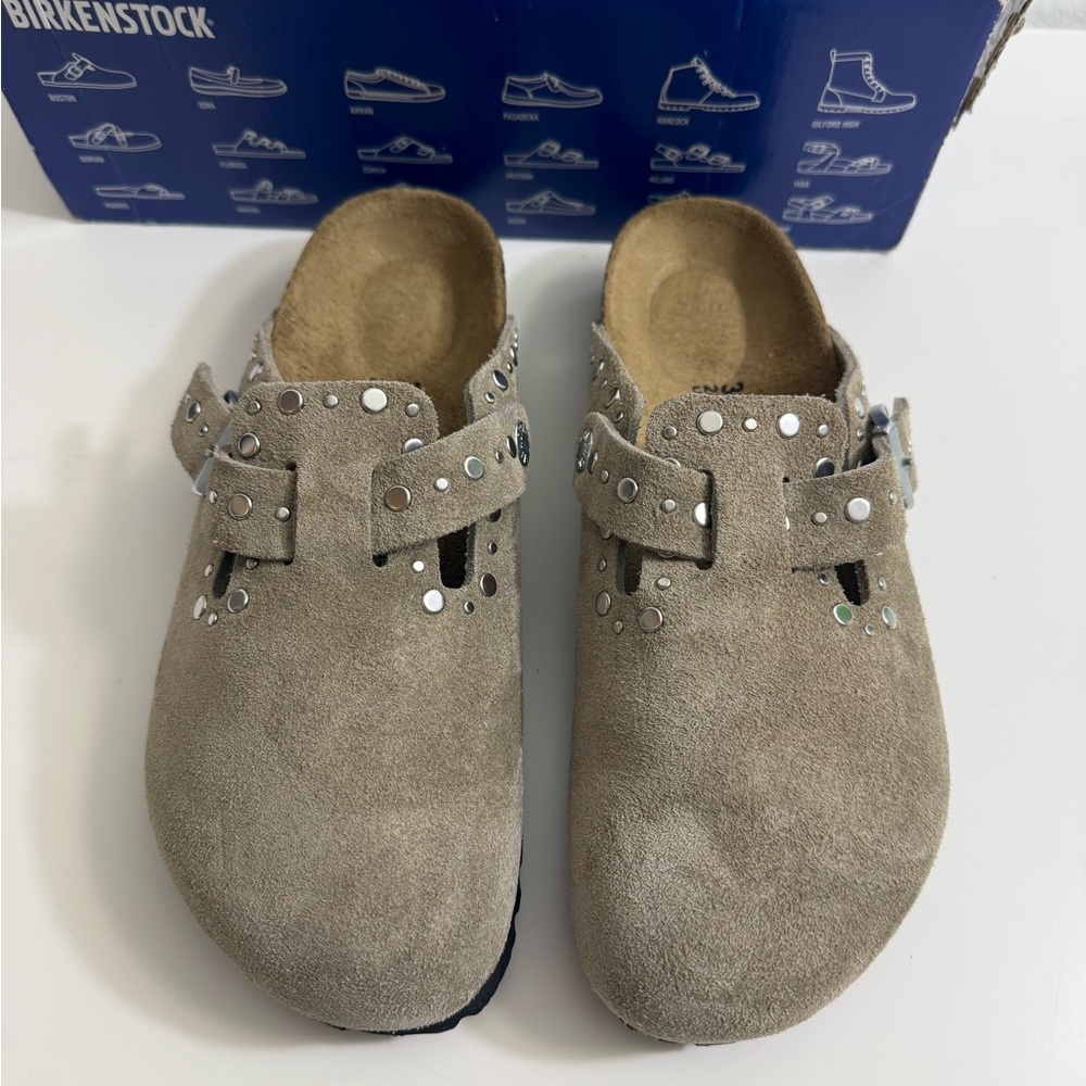 Birkenstock Beige Suede Clogs with Silver Studs - Picture 3 of 15